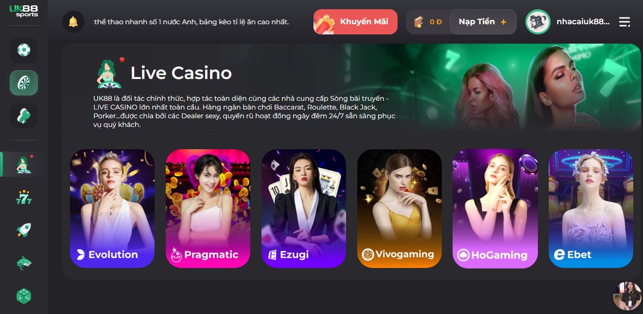 Sảnh Live Casino được yêu thích tại nhà cái UK88