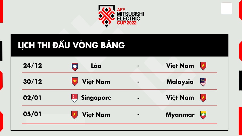 Lịch thi đấu cụ thể tuyển Việt Nam tại AFF Cup 2022